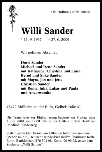 Traueranzeige von Willi Sander von Tageszeitung