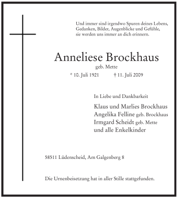 Traueranzeige von Anneliese Brockhaus von Tageszeitung