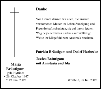 Traueranzeige von Maija Bräutigam von Tageszeitung