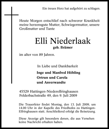 Traueranzeige von Elli Niederlaak von Tageszeitung