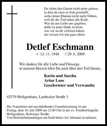 Traueranzeige von Detlef Eschmann von Tageszeitung