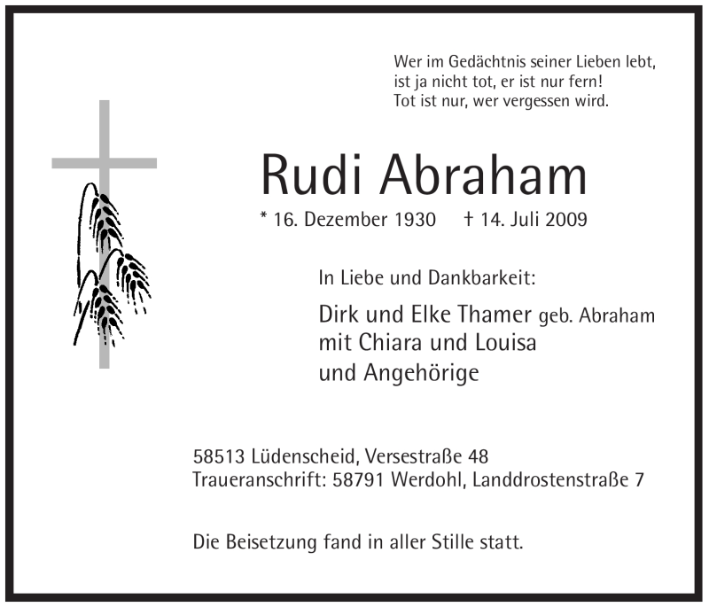  Traueranzeige für Rudi Abraham vom 18.07.2009 aus Tageszeitung
