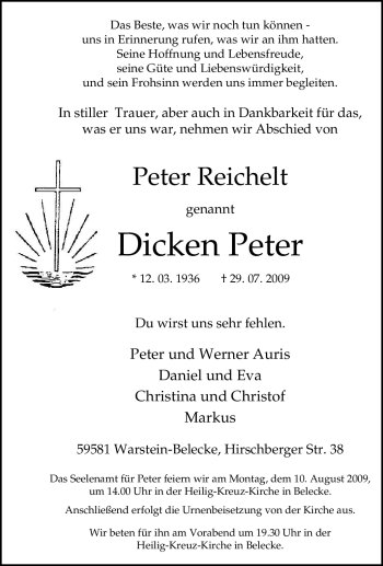 Traueranzeige von Peter Reichelt von Tageszeitung