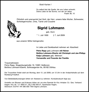 Traueranzeige von Sigrid Lohmann von Tageszeitung