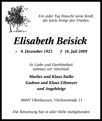 Traueranzeige von Elisabeth Beisick von Tageszeitung