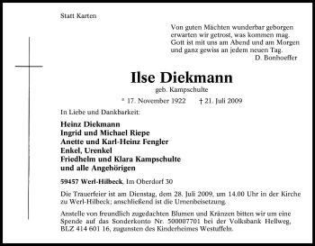 Traueranzeige von Ilse Diekmann von Tageszeitung