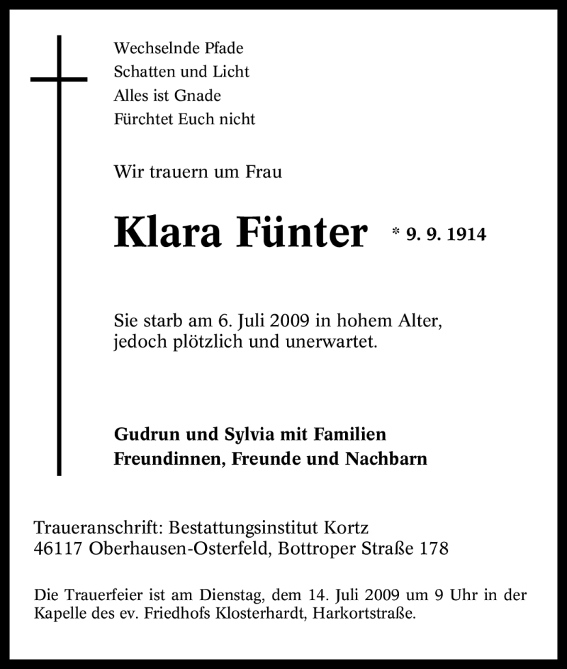  Traueranzeige für Klara Fünter vom 10.07.2009 aus Tageszeitung