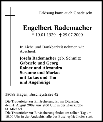 Traueranzeige von Engelbert Rademacher von Tageszeitung