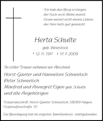 Traueranzeige von Herta Schulte von Tageszeitung
