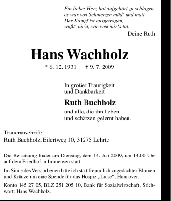 Traueranzeige von Hans Wachholz von Tageszeitung