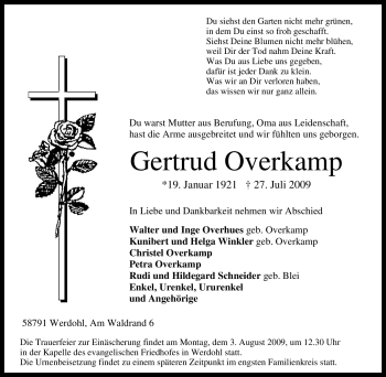 Traueranzeige von Gertrud Overkamp von Tageszeitung