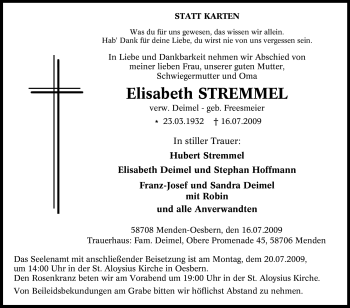 Traueranzeige von Elisabeth Stremmel von Tageszeitung