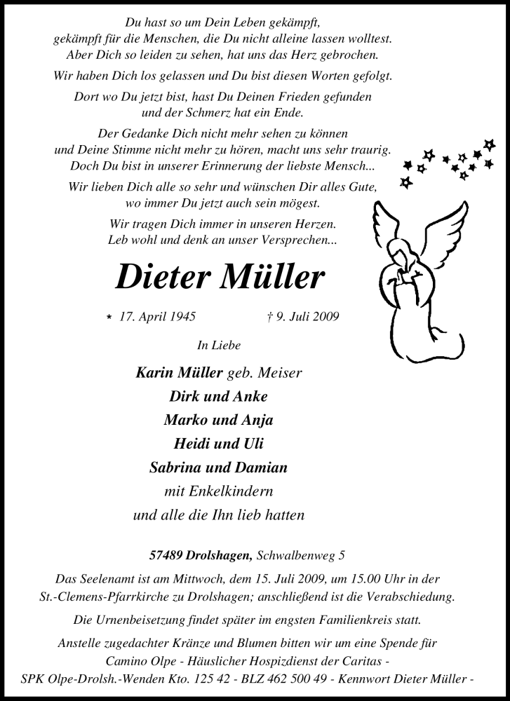  Traueranzeige für Dieter Müller vom 11.07.2009 aus Tageszeitung