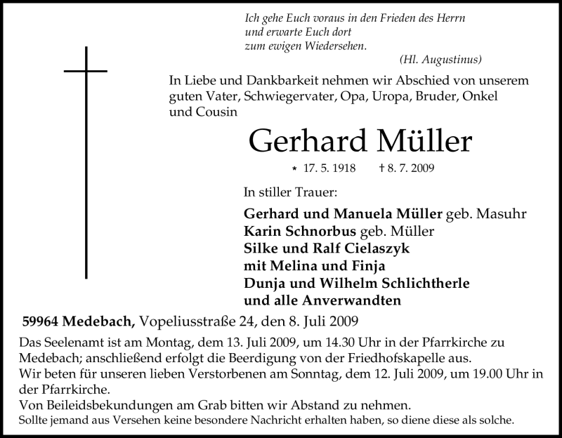  Traueranzeige für Gerhard Müller vom 10.07.2009 aus Tageszeitung