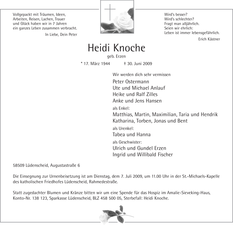  Traueranzeige für Heidi Knoche vom 03.07.2009 aus Tageszeitung