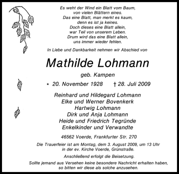 Traueranzeige von Mathilde Lohmann von Tageszeitung
