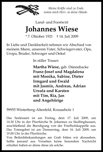 Traueranzeige von Johannes Wiese von Tageszeitung