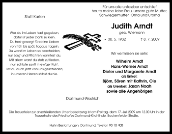 Traueranzeige von Judith Arndt von Tageszeitung
