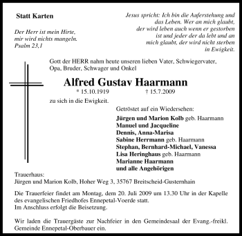 Traueranzeige von Alfred Gustav Haarmann von Tageszeitung