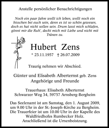 Traueranzeige von Hubert Zens von Tageszeitung