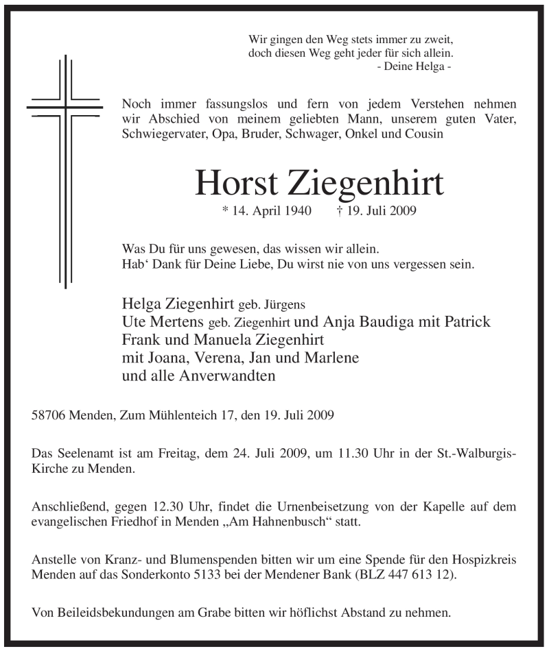  Traueranzeige für Horst Ziegenhirt vom 22.07.2009 aus Tageszeitung