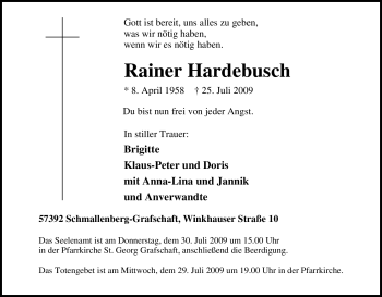 Traueranzeige von Rainer Hardebusch von Tageszeitung