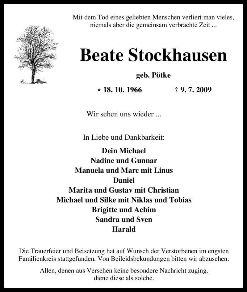  Traueranzeige für Beate Stockhausen vom 18.07.2009 aus Tageszeitung