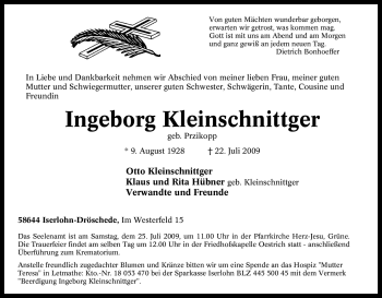 Traueranzeige von Ingeborg Kleinschnittger von Tageszeitung