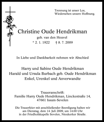 Traueranzeige von Christine Oude Hendrikman von Tageszeitung