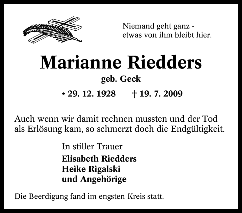  Traueranzeige für Marianne Riedders vom 25.07.2009 aus Tageszeitung