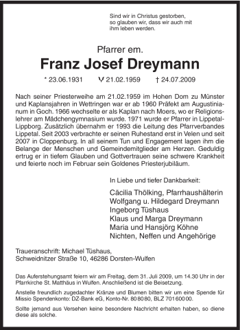 Traueranzeige von Franz Josef Dreymann von Tageszeitung