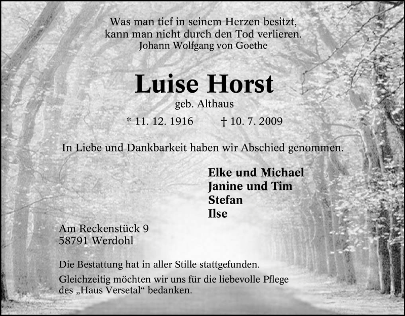  Traueranzeige für Luise Horst vom 18.07.2009 aus Tageszeitung