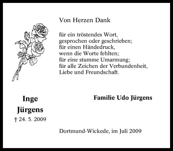 Traueranzeige von Inge Jürgens von Tageszeitung