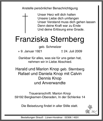 Traueranzeige von Franziska Sternberg von Tageszeitung