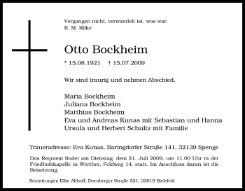 Traueranzeige von Otto Bockheim von Tageszeitung