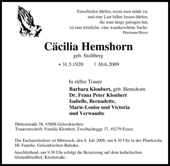 Traueranzeige von Cäcilia Hemshorn von Tageszeitung