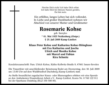 Traueranzeige von Rosemarie Kohse von Tageszeitung