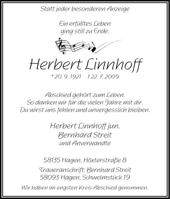 Traueranzeige von Herbert Linnhoff von Tageszeitung