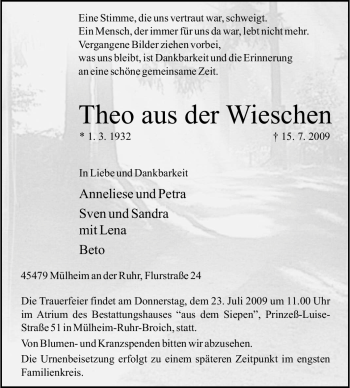 Traueranzeige von Theo aus der Wieschen von Tageszeitung