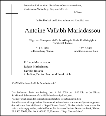 Traueranzeige von Antoine Vallabh Mariadassou von Tageszeitung