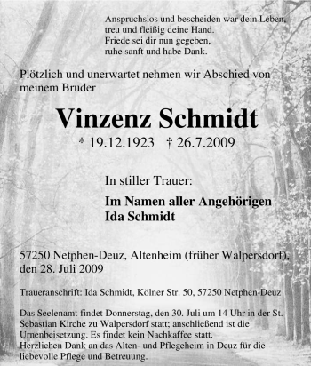 Traueranzeige von Vinzenz Schmidt von Tageszeitung