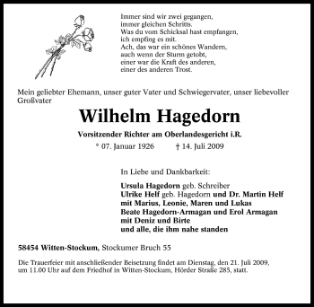 Traueranzeige von Wilhelm Hagedorn von Tageszeitung