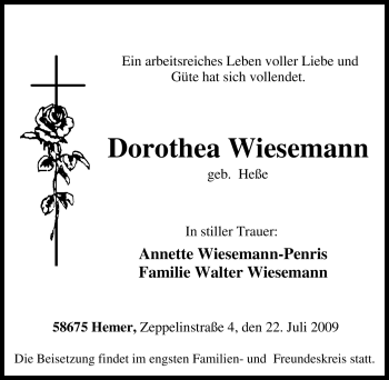 Traueranzeige von Dorothea Wiesemann von Tageszeitung