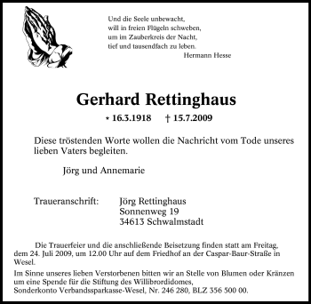 Traueranzeige von Gerhard Rettinghaus von Tageszeitung