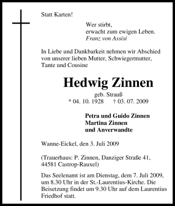 Traueranzeige von Hedwig Zinnen von Tageszeitung