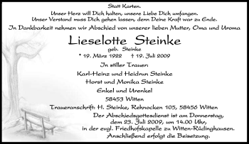 Traueranzeige von Lieselotte Steinke von Tageszeitung
