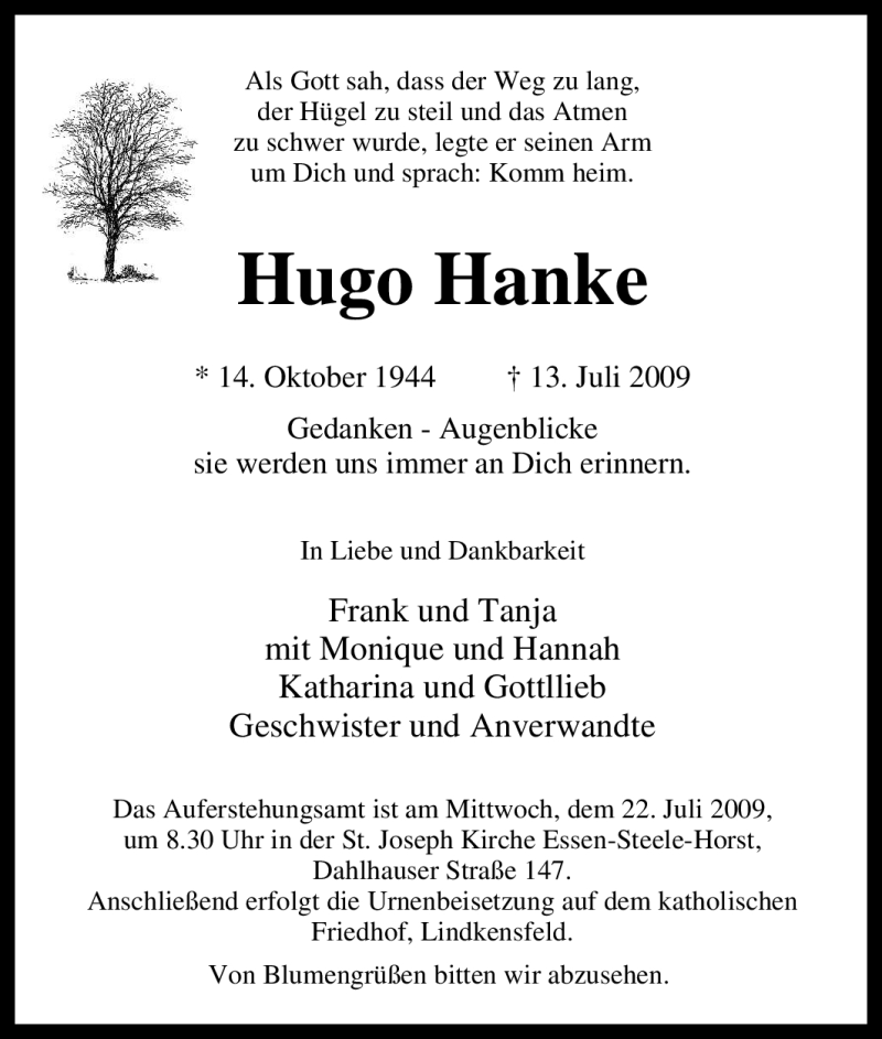  Traueranzeige für Hugo Hanke vom 18.07.2009 aus Tageszeitung