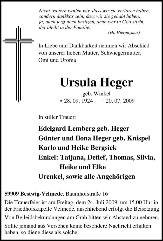  Traueranzeige für Ursula Heger vom 21.07.2009 aus Tageszeitung