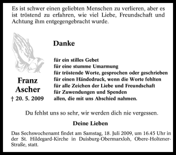 Traueranzeige von Franz Ascher von Tageszeitung