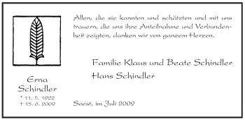 Traueranzeige von Erna Schindler von Tageszeitung